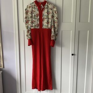 Vintage Luxuries Handmade Rose Floral Red Jumpsuit‎ 10 12 Silky Boho Grandmacore